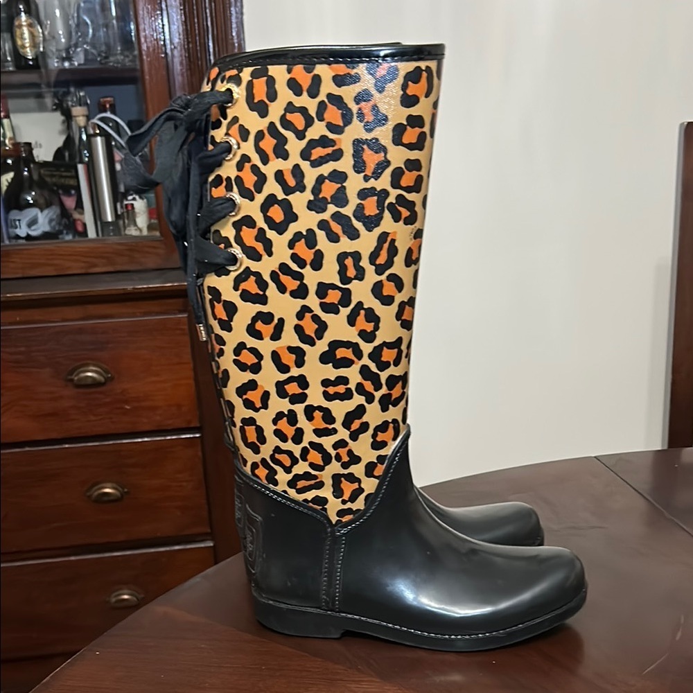 COACH Tristee Leopard Waterproof Lace-Up Rain Boots - Picture 8 of 12